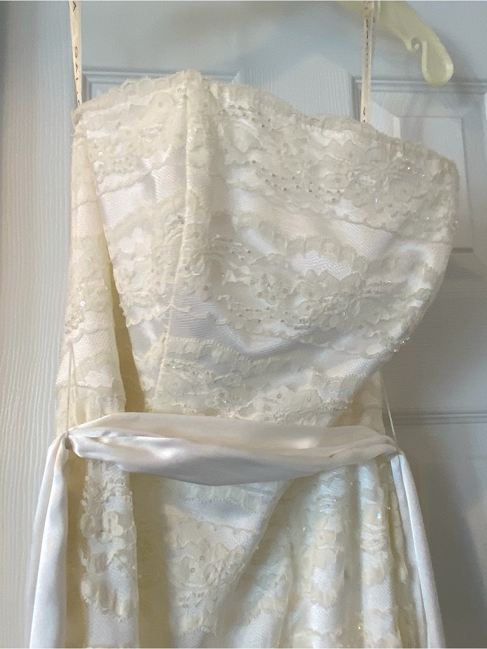 David's Bridal Ivory Lace Strapless Wedding Dress with Satin Sash